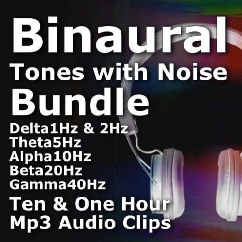 A graphic for the Binaural Tones with Noise Bundle, with headphones and a list of different frequencies.