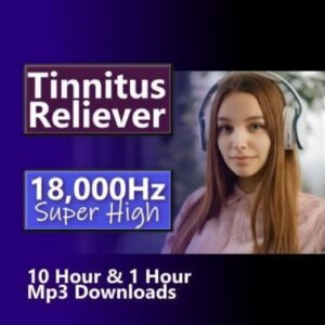 A graphic for Tinnitus Reliever 18kHz Masker, showing a young woman wearing headphones.