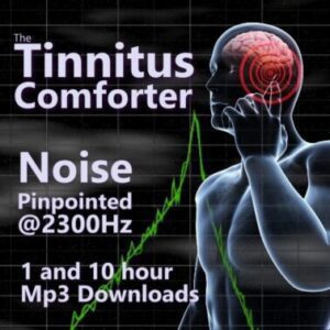 A graphic for The Tinnitus Comforter, showing a person with tinnitus and a frequency spike at 2300Hz.