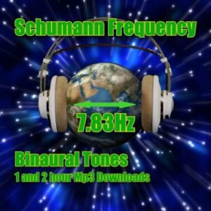 Schumann Frequency 7.83 Hz Binaural Tones MP3 Download. Graphic shows headphones over Earth, indicating audio for 7.83 Hz Earth Resonance, meditation, and relaxation.