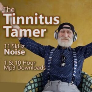 A graphic for the Tinnitus Tamer, showing an older man with headphones smiling.