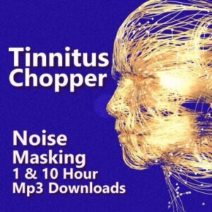 A graphic for The Tinnitus Chopper, showing a stylized profile of a head with glowing wires.