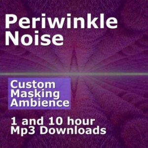 Periwinkle Noise Custom Masking Ambience Audio Downloads. Graphic showing the purple/periwinkle theme, highlighting the 1 and 10 hour MP3 downloads.
