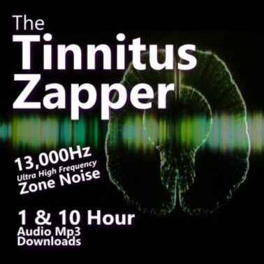 A graphic for the Tinnitus Zapper 13kHz Noise audio download, showing a glowing brain and a list of frequencies.