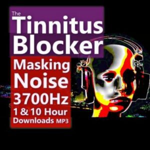 A graphic for the Tinnitus Blocker, showing a stylized figure with headphones and a frequency.