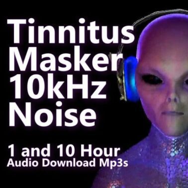 A graphic for the Tinnitus Masker 10kHz Noise, showing an alien wearing headphones.