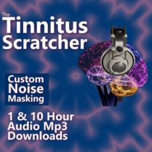 The Tinnitus Scratcher Custom Noise Masking MP3 Download. Graphic emphasizes the custom noise masking and the brain/neurological approach to Tinnitus relief.