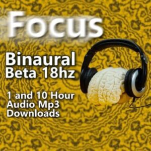 A graphic for "Binaural Beats 18hz," showing a brain wearing headphones to represent focus.