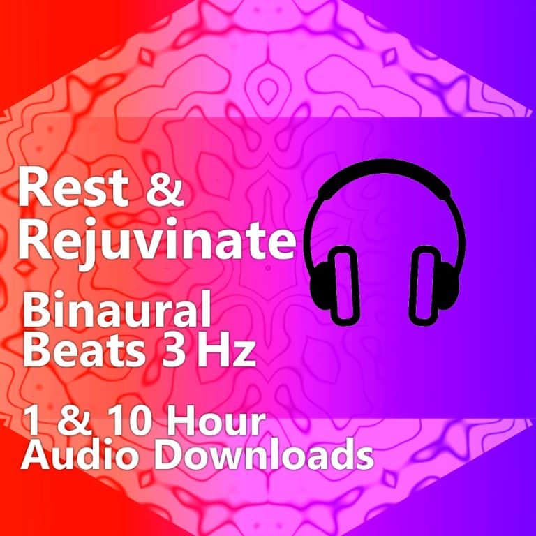 3 Hz Delta Wave Binaural Beats 10 Hour MP3 Download. Red and purple graphic with headphones, indicating audio for Delta Wave entrainment, rest, and physical healing.