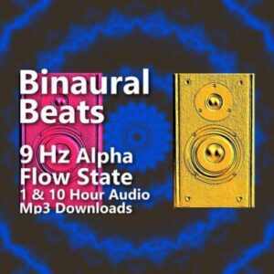 9 Hz Alpha Wave Binaural Beats 10 Hour MP3 Download. Graphic shows colorful speakers and text emphasizing the 9 Hz Alpha frequency for flow state and creativity