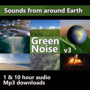 A graphic for Green Noise V.3, showing a grid of natural scenes like a stream, grass, desert, beach, and a campfire.