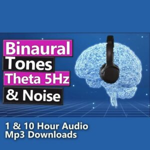 5 Hz Theta Wave Binaural Beats with Noise MP3 Download. Blue graphic featuring a wireframe brain and headphones, indicating audio for Theta state entrainment, meditation, and creativity.