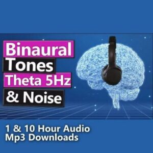 5 Hz Theta Wave Binaural Beats with Noise MP3 Download. Blue graphic featuring a wireframe brain and headphones, indicating audio for Theta state entrainment, meditation, and creativity.