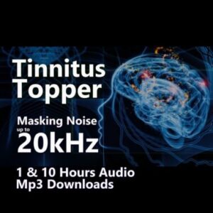 A graphic for the Tinnitus Topper, showing a brain and a head in profile with a frequency wave.