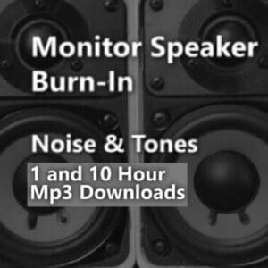 A graphic for Monitor Speaker Burn-In, showing two close-up speaker cones.