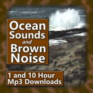 A graphic for Ocean Sounds and Brown Noise, showing a stormy ocean shore with text overlays