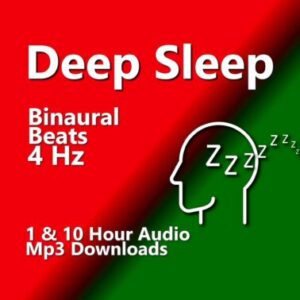 Deep Sleep Binaural Beats 4 Hz MP3 Download. Red and green graphic shows a sleeping head icon, emphasizing Delta Wave entrainment for dreamless slee