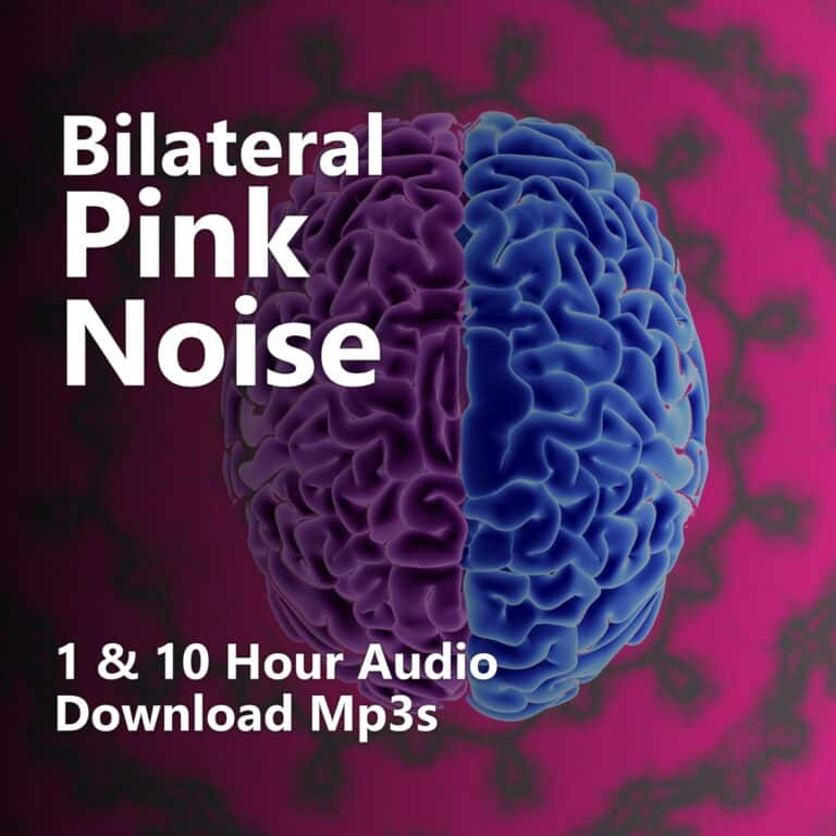 Bilateral Pink Noise 10 Hour MP3 Download. Image shows pink and white sound graphic with headphones, indicating an audio file for deep sleep, anxiety, and focus.