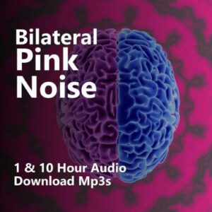 Bilateral Pink Noise 10 Hour MP3 Download. Image shows pink and white sound graphic with headphones, indicating an audio file for deep sleep, anxiety, and focus.