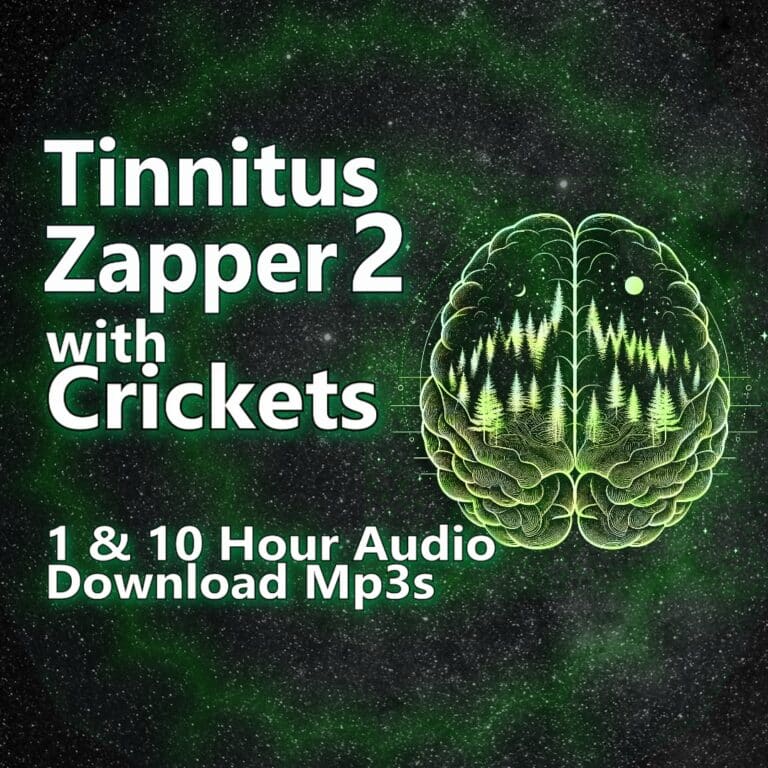 A graphic for Tinnitus Zapper 2 with Crickets, showing a brain silhouette with trees and a star-filled background.