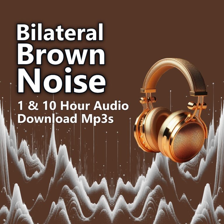 Bilateral Brown Noise 10 Hour MP3 Download. Image shows golden headphones over sound waves to indicate audio for anxiety relief and meditation.