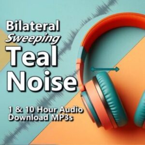 Bilateral Sweeping Teal Noise 10 Hour MP3 Download. Image shows teal and orange headphones over a graphic with a left-right panning indicator.