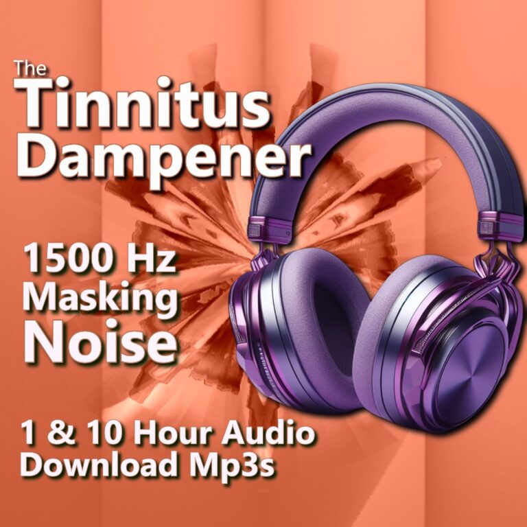Tinnitus Dampener 1500 Hz Focused Noise Masking MP3 Download. Orange graphic highlighting the 1500 Hz target frequency for tinnitus relief.