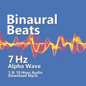 A graphic for "7 Hz Binaural Beats," featuring a red and yellow sound wave on a blue background.