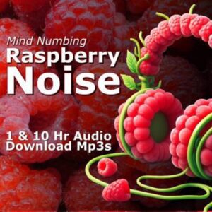 A graphic for "Raspberry Noise" showing a pile of fresh raspberries and a pair of headphones entwined in vines.