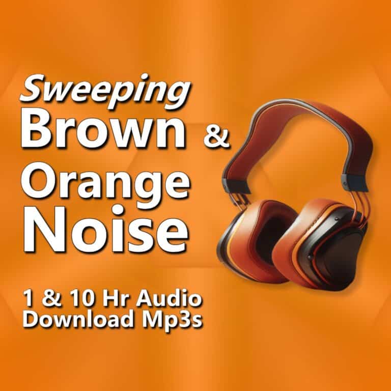A graphic for "Sweeping Brown & Orange Noise," featuring a pair of brown headphones on an orange and brown background.
