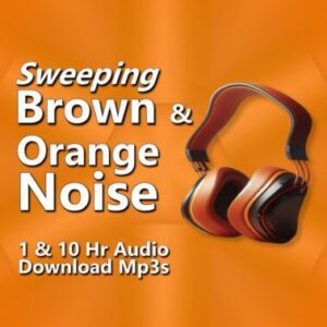 A graphic for "Sweeping Brown & Orange Noise," featuring a pair of brown headphones on an orange and brown background.