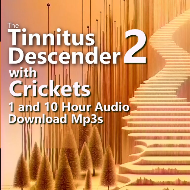 A graphic for "Tinnitus Descender 2 with Crickets," showing a winding staircase ascending into a misty background. In the foreground, there are abstract, spiky trees.