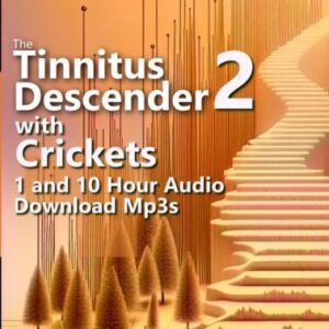 A graphic for "Tinnitus Descender 2 with Crickets," showing a winding staircase ascending into a misty background. In the foreground, there are abstract, spiky trees.