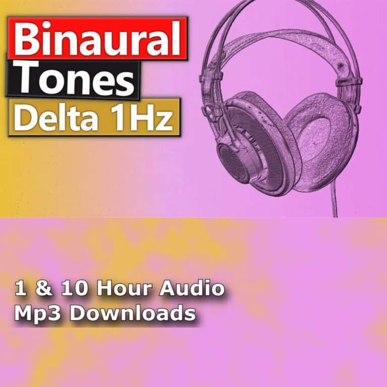 A graphic for "Binaural Beats Delta 1 Hz," featuring a sketch of headphones and a yellow and pink background.