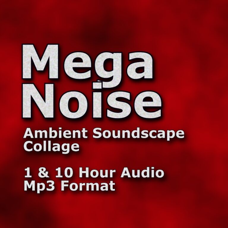 A graphic for "Mega Noise," with the title in a large white font on a red and black abstract background.