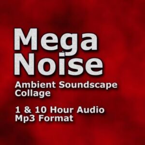 A graphic for "Mega Noise," with the title in a large white font on a red and black abstract background.