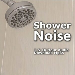 A graphic for "Shower Noise," featuring a silver shower head spraying water against a tiled wall.