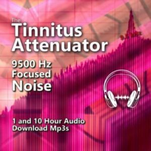 A graphic for "The Tinnitus Attenuator," featuring an abstract, pink, and purple sound wave graphic with headphones.