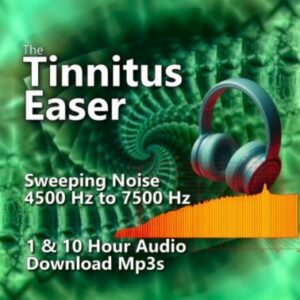 A graphic for the Tinnitus Easer, showing a sound equalizer and a pair of headphones with a frequency sweeping noise.