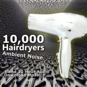 Image Optimization Alt Text: A graphic for "10,000 Hairdryers Ambient Noise," with a giant hairdryer in the foreground and thousands of smaller hairdryers receding into the background.