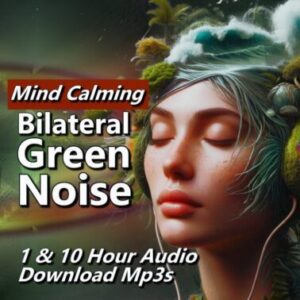 A graphic for "Bilateral Green Noise," showing a woman with her eyes closed wearing headphones, with a headpiece of green foliage and a waterfall.