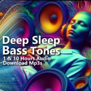 A graphic for "Deep Sleep Descending Bass Tones," showing a person in headphones surrounded by large, colorful speakers.