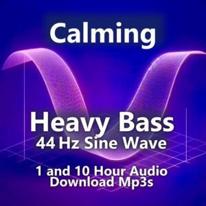 A graphic for a "Heavy Bass 44 Hz Sine Wave" audio download, featuring a glowing purple sine wave on a blue background.