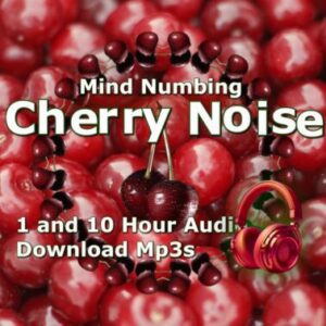 A graphic for "Mind-Numbing Cherry Noise," showing a pile of red cherries with a pair of headphones.