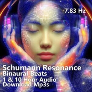 A graphic for "Schumann Resonance Binaural Beats," showing a person wearing headphones with glowing brain waves.