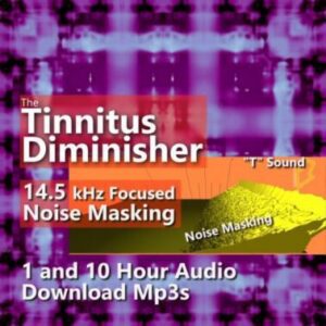 A graphic for "The Tinnitus Diminisher," showing a spiky yellow sound wave on an abstract purple background.