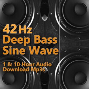 A graphic for "42 Hz Deep Bass Sine Wave," showing four subwoofer speaker cones.