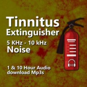 A graphic for "Tinnitus Extinguisher," showing a red fire extinguisher with a pair of headphones on its nozzle.