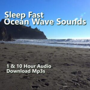 A graphic for "Ocean Wave Sounds," showing large waves crashing on a beach with a cliff and blue sky in the background.
