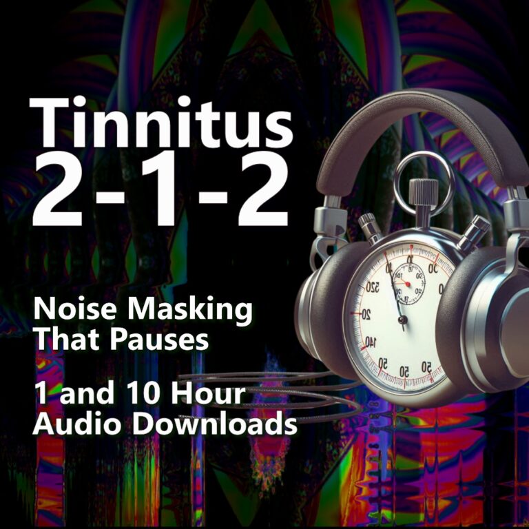 A graphic for "Tinnitus 2-1-2 Noise Masking," showing a stopwatch and a pair of headphones over a colorful, abstract background.